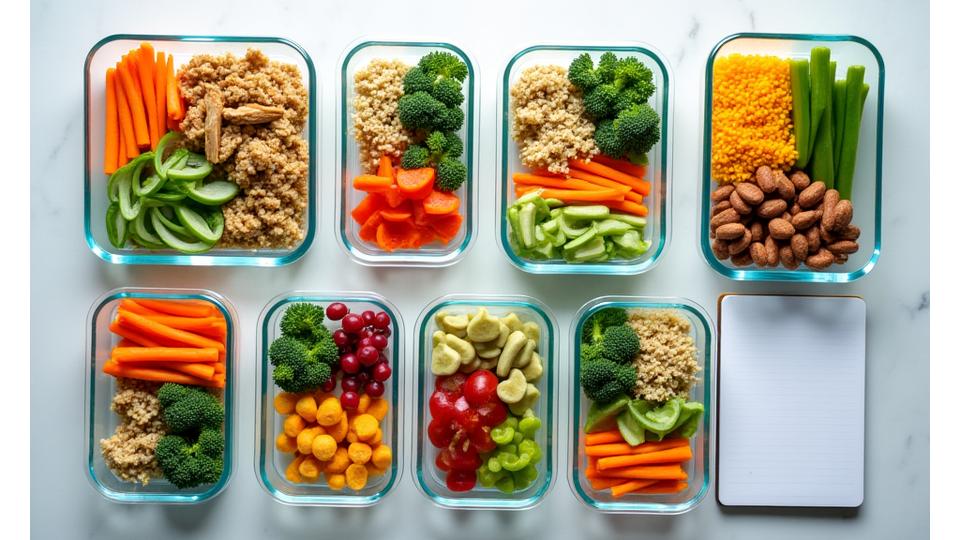 Overhead shot of a colorful, organized weekly meal prep spread.