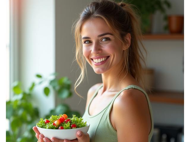 Woman in her late 30s or early 40s smiling confidently, holding a small salad and looking vibrant